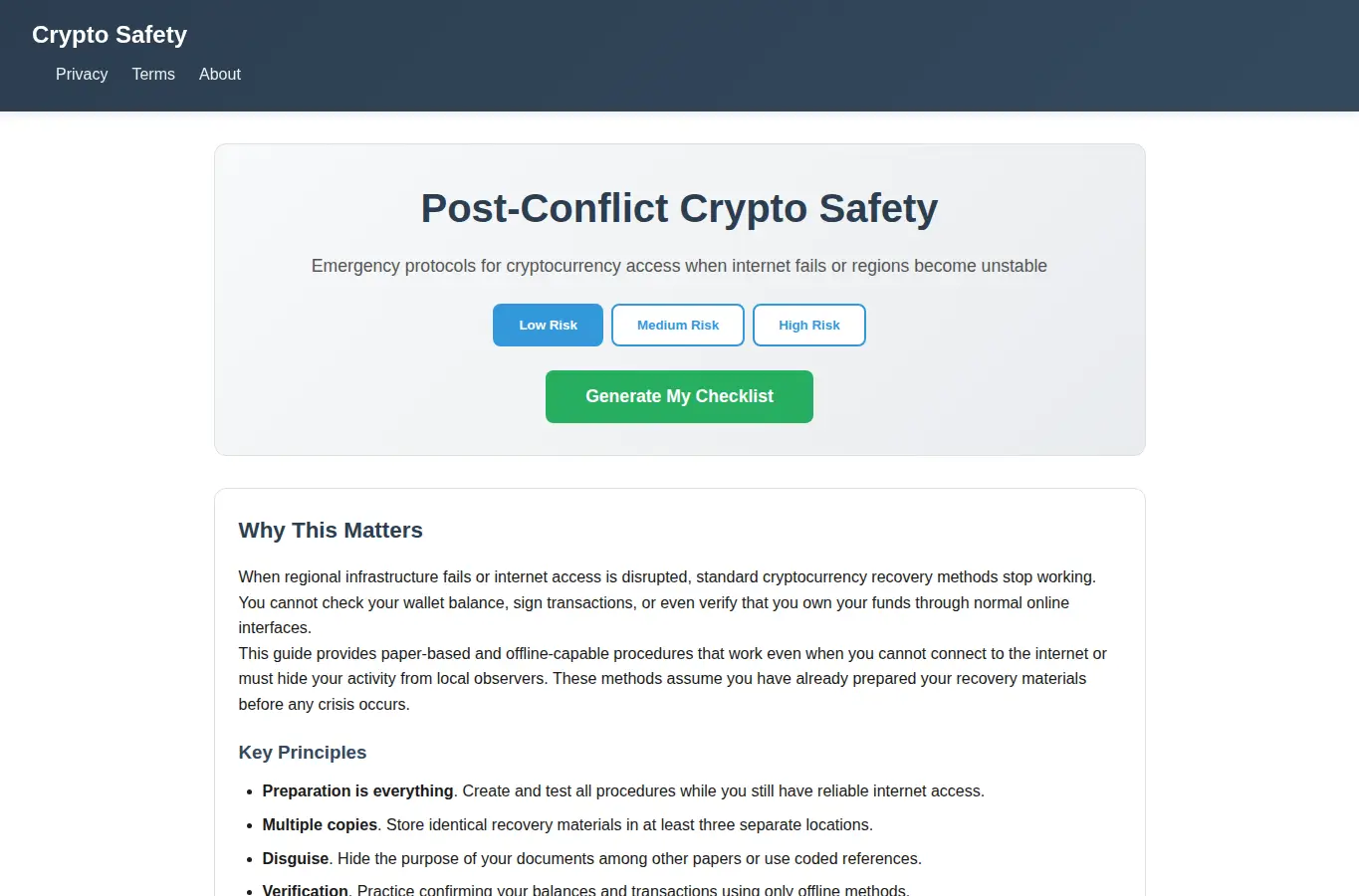 Screenshot of Post-Conflict Crypto Safety interface showing the project page in use